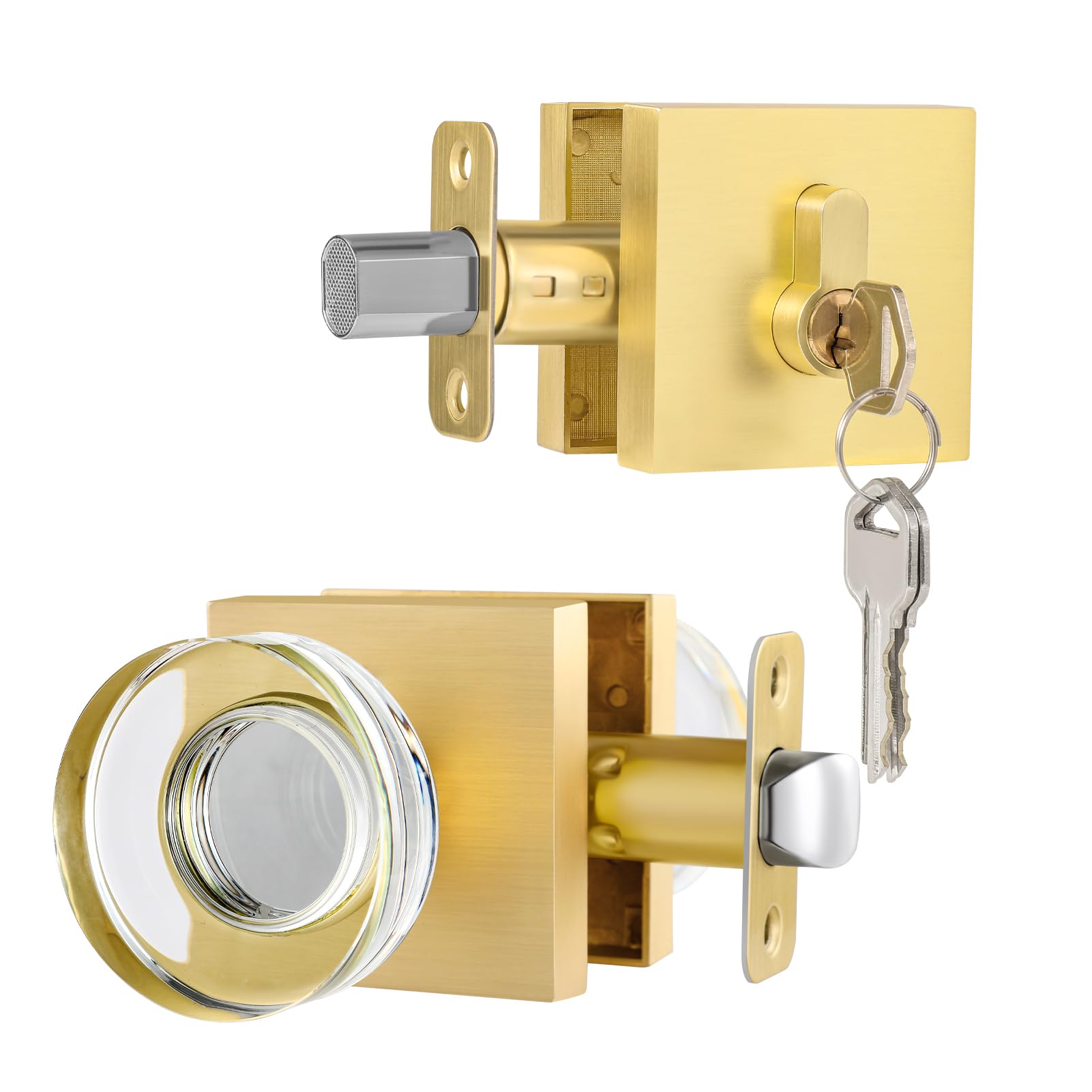 naubea Crystal Glass Door Knob with Deadbolt Lock Set, Gold Exterior Deadbolt and Front Door Knob with Key, Satin Brass