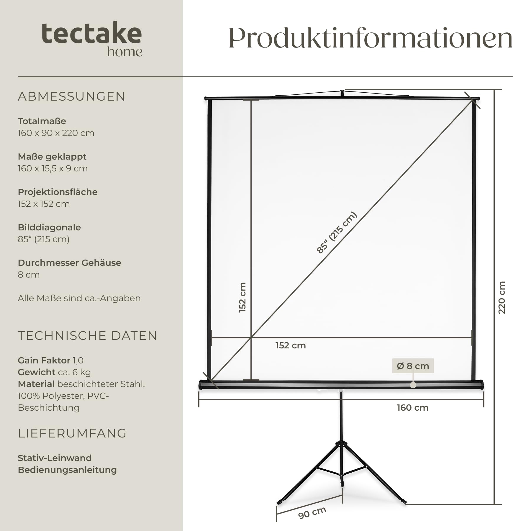 tectake® Projektor Leinwand Beamer, Projektionsleinwand HDTV tauglich, Beamerleinwand, Mobile Leinwand mit Ständer, LCD optimiert für HD und 3D, Gain Faktor 1,0, für Heimkino, TV