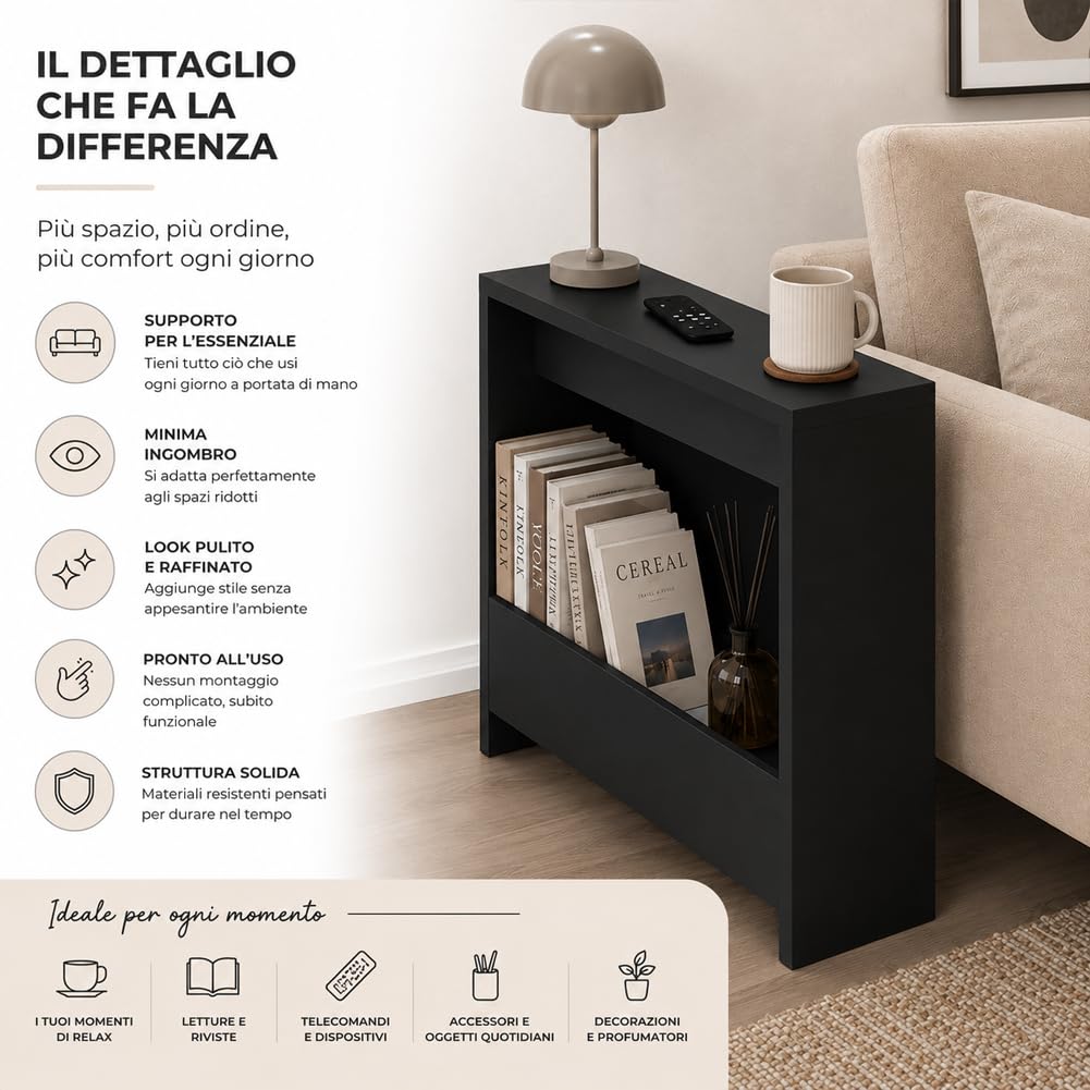 HOCUS PICUS Beistelltisch mit integriertem Magazinhalter| kompakter Beistelltisch für Wohnzimmer und Büro| platzsparender End Table für kleine Räume| Magazinaufbewahrung| 20 x 55 x 60 cm (Schwarz)