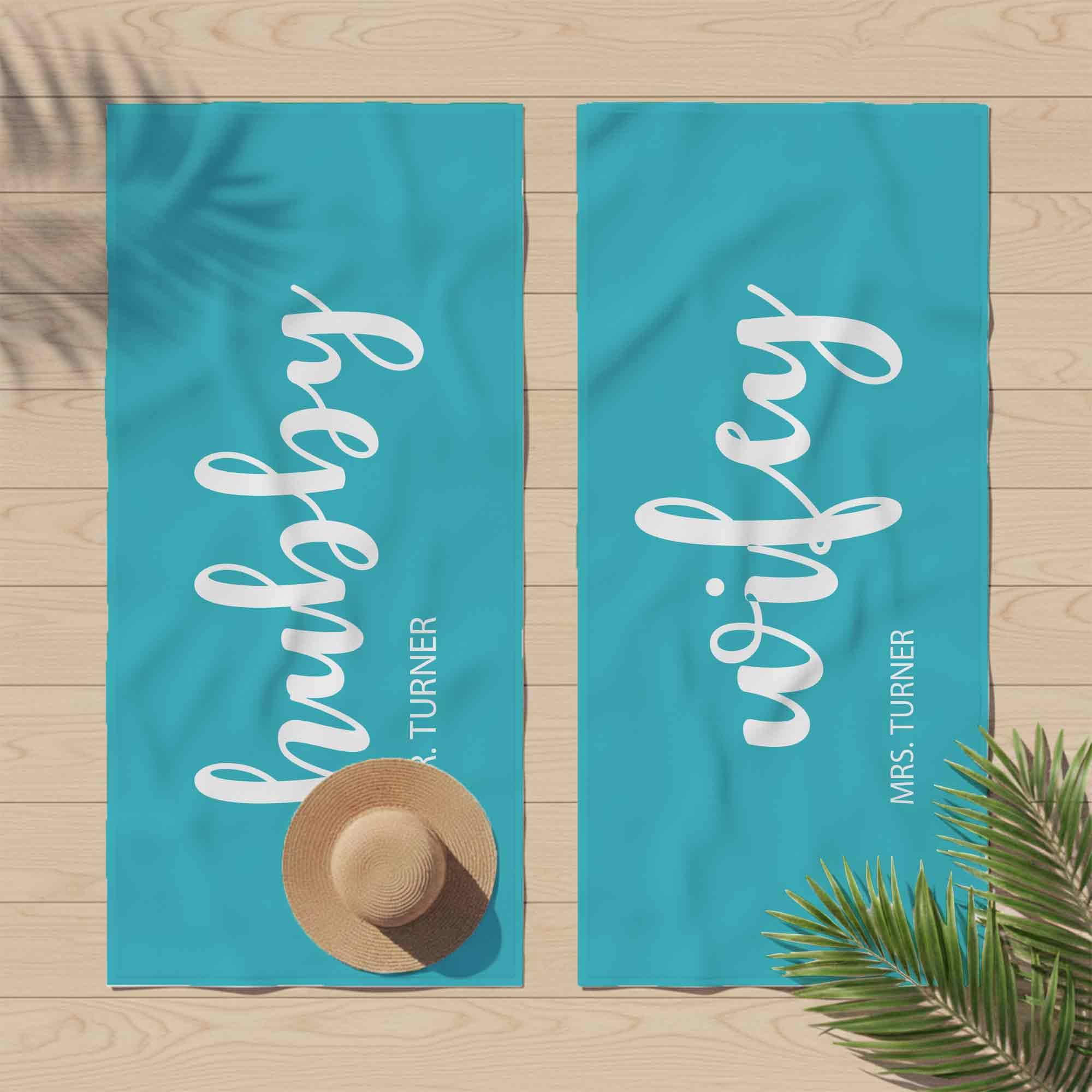 Print Maniacs Custom Personalised Hubby Wifey Towel with Name Microfibre Beach Towel Large Quick Dry Lightweight Travel Towel Honeymoon Holiday Pool Spa