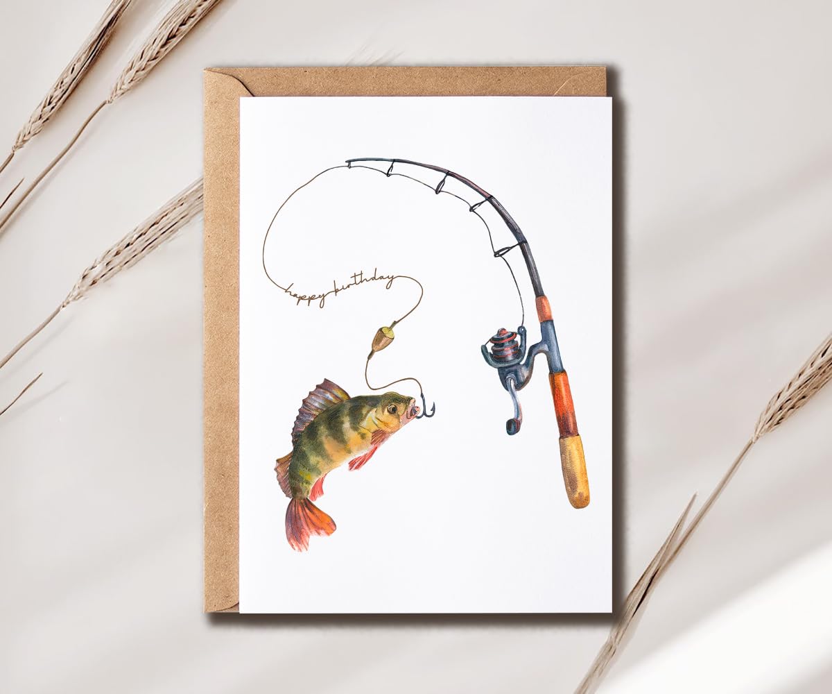 SNMDesigns Fishing Rod Card - Birthday Fishing Card - Fishing Pole Card - Cute Fish Bday Card