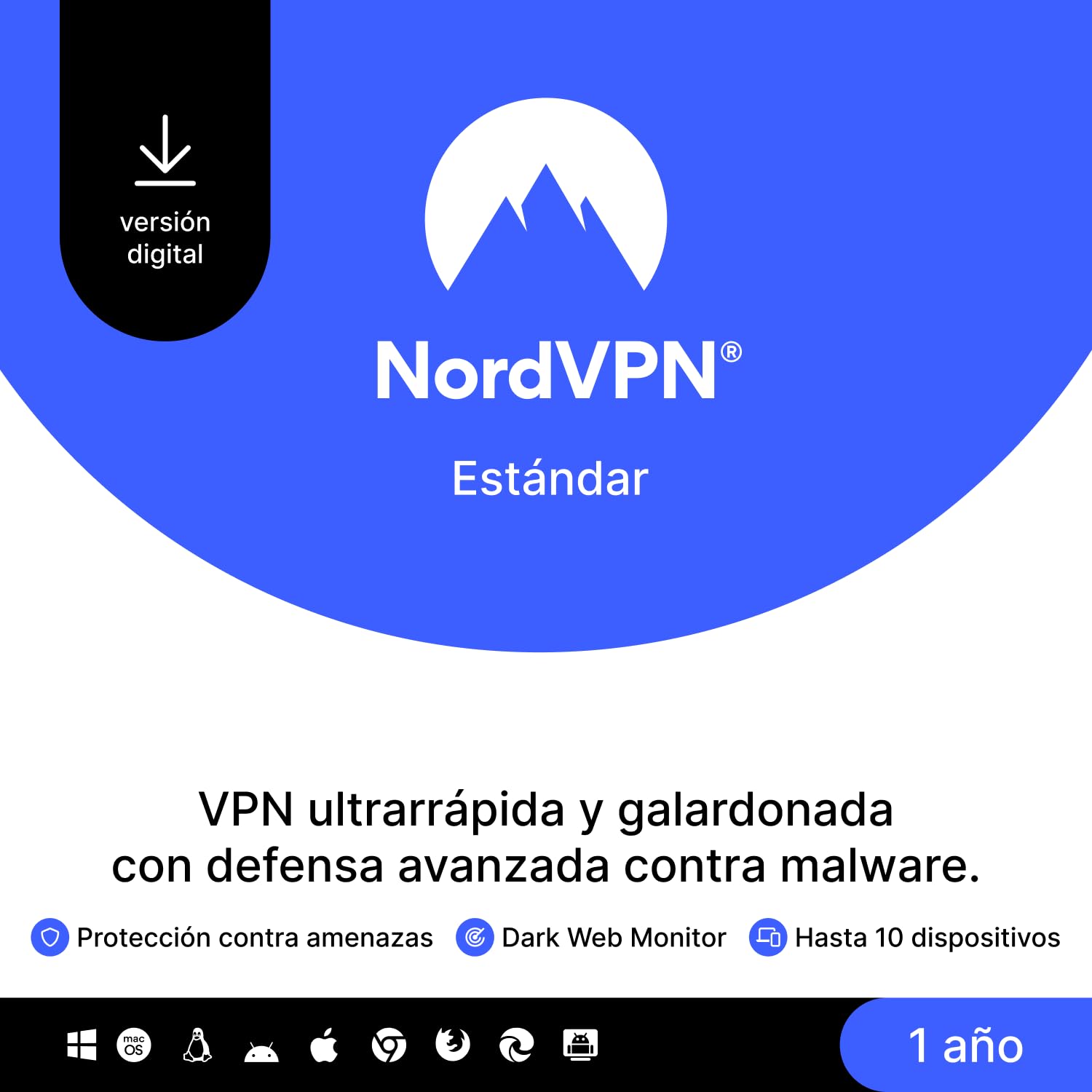 NordVPN Estándar, 10 dispositivos, 1 Año, VPN y Ciberseguridad, Código Digital