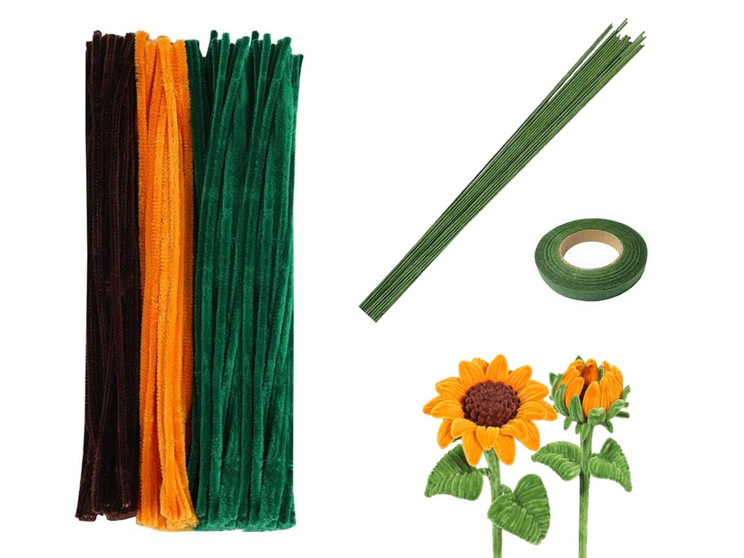 Pandeji 251pc Pipe Cleaners Flower Making Kit, Arts and Craft Supplies, Pipe Cleaners Chenille Stem with Green Wire & Floral Tape (100pc Orange, 100pc Green, 25pc Brown)-image-32