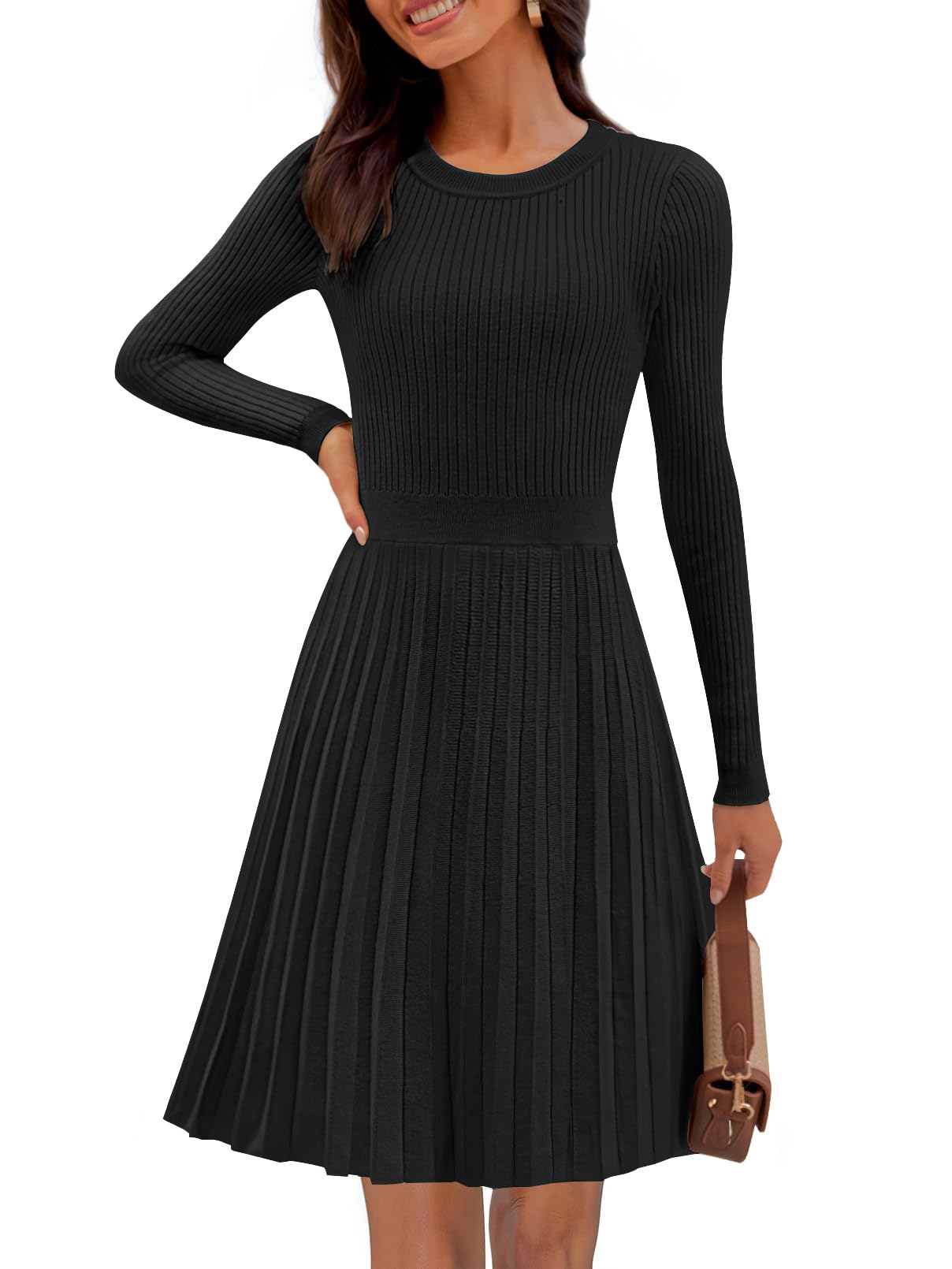 MEROKEETY Womens 2025 Long Sleeve Mini Sweater Dress Crewneck Ribbed Knit A Line Pleated Swing Short Dresses