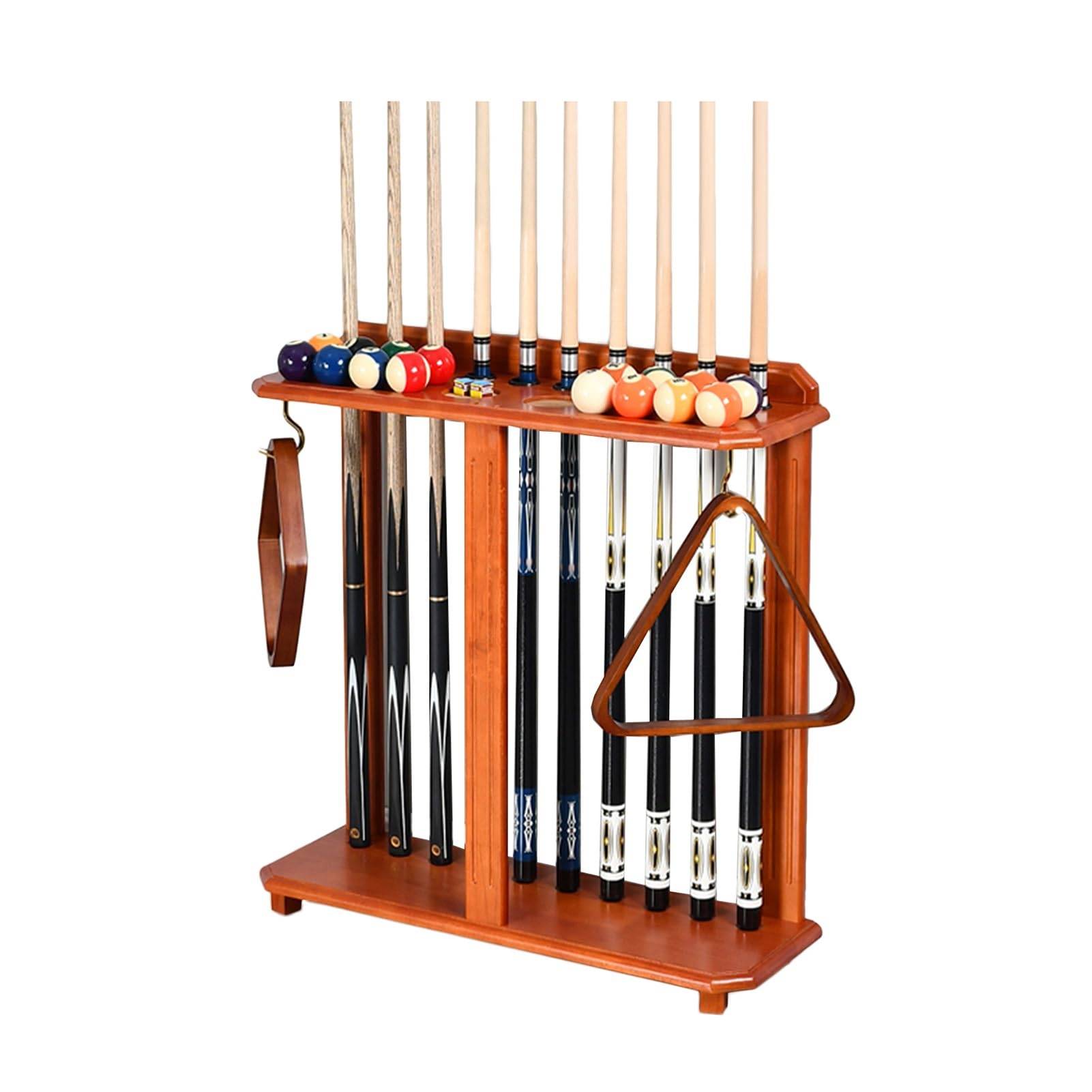 ZFUCMAYL Billiard Cue Racks with Hooks,Billiards Pool Stick Holder for 10 Sticks,Organizes Full Set of Balls and Table Accessories(Wood color)