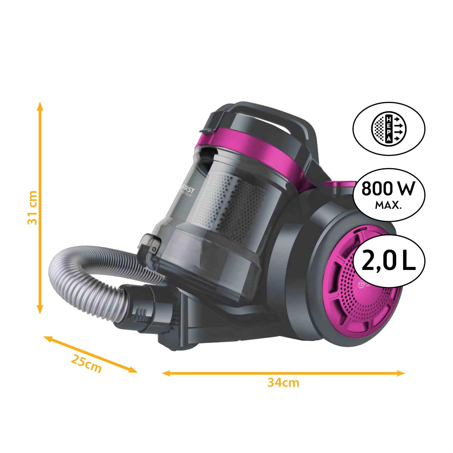 TZS First Austria Aspirapolvere senza sacchetto | Filtro HEPA da 800 W per persone allergiche | Cavo da 4,8 m | Per pavimenti duri e moquette | 2 L | Petrolio/nero - Viola/grigio