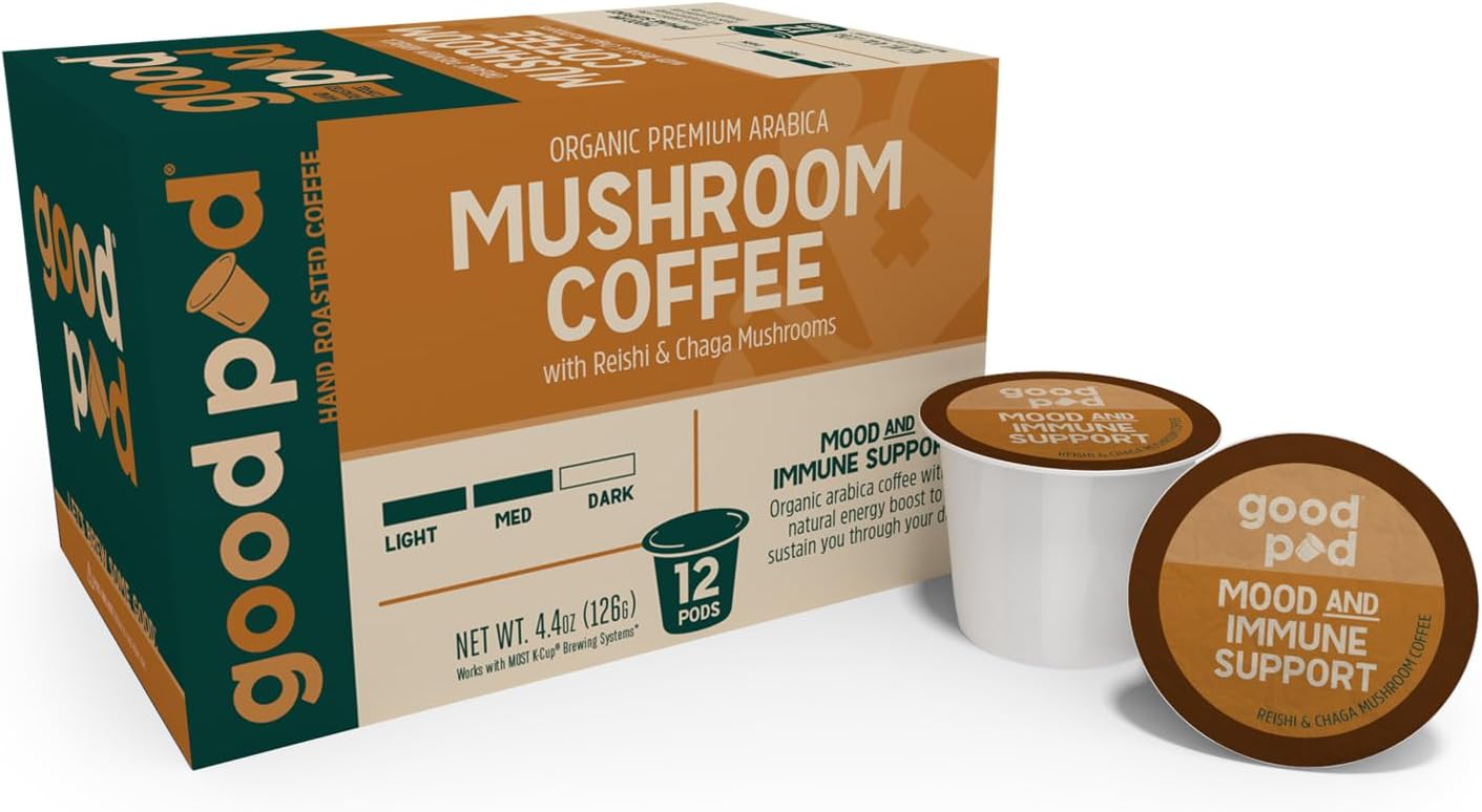 goodPOD Mood and Immune Support Single Serve Coffee K Cup Pods, Organic Arabica Coffee with Reishi & Chaga Mushrooms, Medium Roast, 12 Count