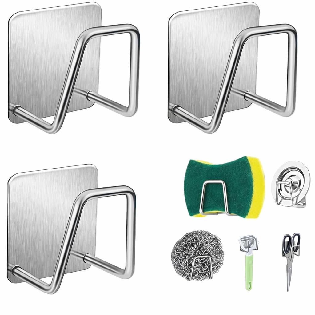 ITALIX Stainless Steel Adhesive Sponge Holder for Kitchen Sink | Waterproof & Rustproof Caddy Organizer for Scrubber, Brush & Soap | No Drill Sink Storage Rack | Kitchen Accessories (Pack of 3)-image-45