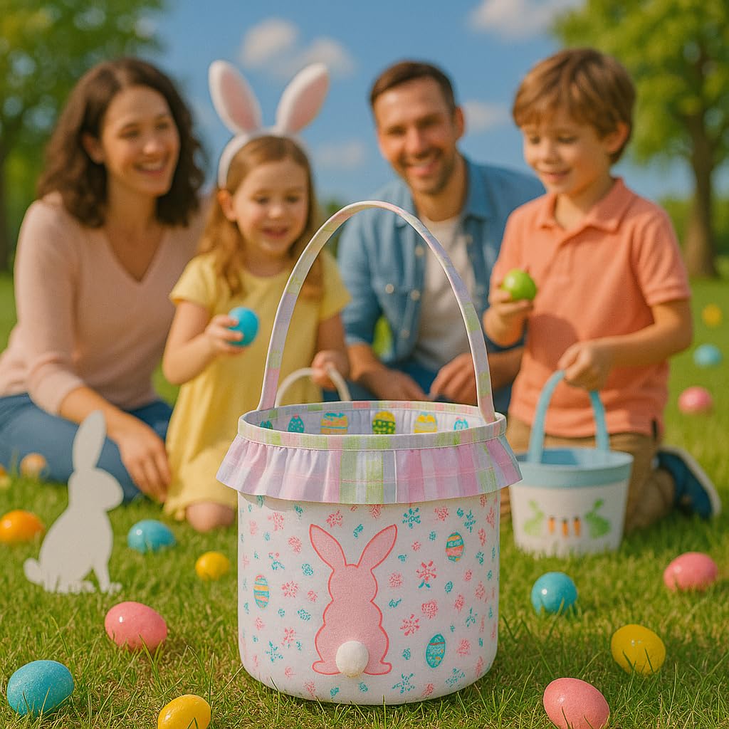 Ouksma Easter Bunny Embroidered Basket with Ruffled Trim for Easter Egg Hunts, Gifts, Holiday Decorations, Spring Party Favors (Bunny Egg Butterfly Plaid)