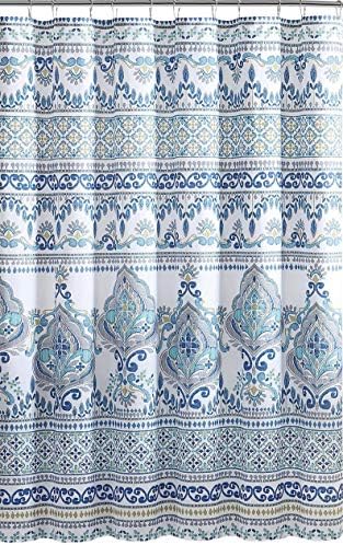 VCNY Bohemian Blue Grey Fabric Shower Curtain: Colorful Floral Paisley Print with Border