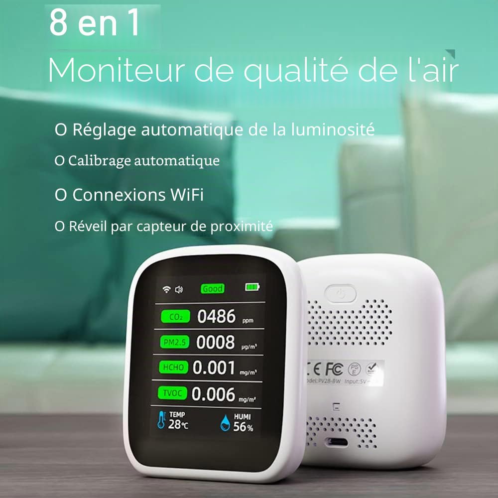 Irfora Tuya WiFi Portable 8 en 1 PM1.0 PM2.5 PM10 CO2 CO2 TVOC HCHO Testeur de température et d'humidité Écran couleur LCD Détecteur de dioxyde de carbone avec fonction d'affichage de l'heure et de la