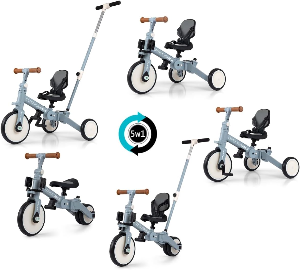 Diagram showing the five different configurations of the Milly Mally Optimus Max tricycle, including parent-push, pedal tricycle, and balance bike modes.