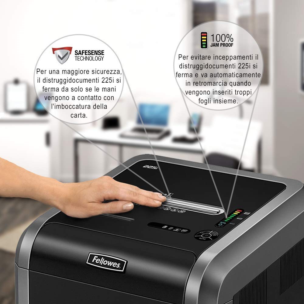 Fellowes 4623002 Distruggidocumenti 225i, a Strisce, Nero