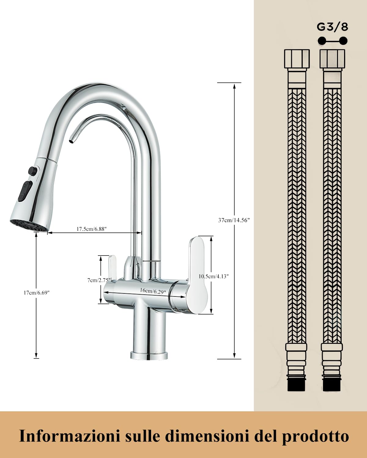 JUNSHENG - Grifo de cocina de 3 vías con filtro para el agua, grifo de cocina con ducha extraíble, giratorio 360°, 3 en 1, grifo, cromado