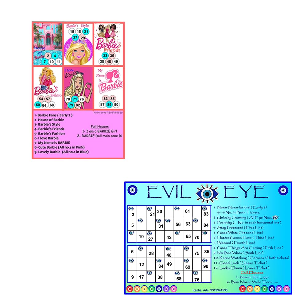 Kanha Arts Evil Eye Theme Tambola Ticket & Barbie Themetambola Tickets Durable Hard Card Sheet Material for Interactive Learning & Play