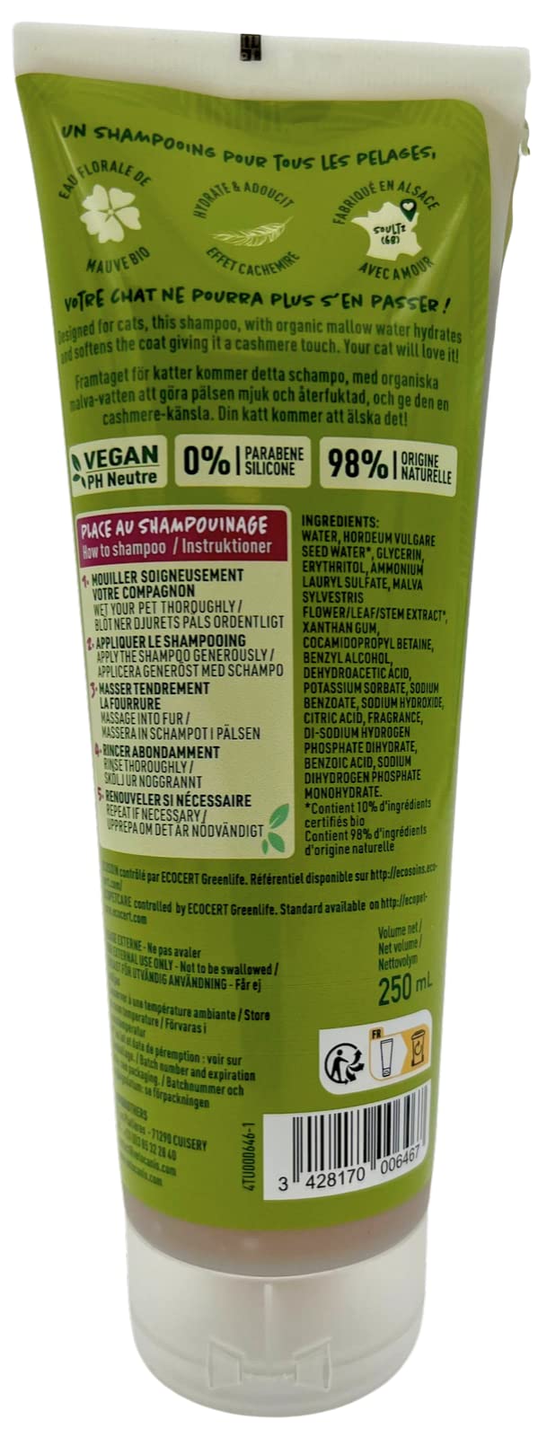 VETOCANIS Ô Naturel - Shampoing Chat à Usage Quotidien & Vegan avec Un Bon Parfum pour l'eau Florale de Mauve Bio Contient 98% d'Ingrédients d'origine Naturelle 250 ML, BIO000646, Vert