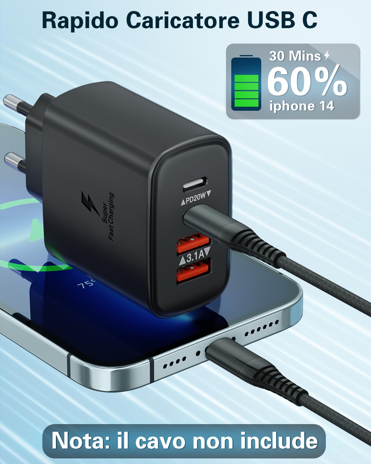 Caricatore USB C Rapido 40W 4-Porto Presa USB Multipla PD+QC 3.0 Carica Cellulare, Spina Alimentatore USBC Caricabatterie per iPhone 16 15 14 13 12 11 Pro Max Plus, Samsung, Spinotto USB Adattatore