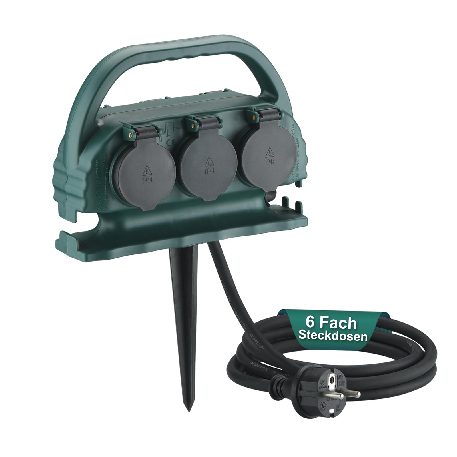 Multiprise de jardin 6 prises IP44 avec poignée de transport et piquet de terre, prise extérieure étanche avec câble en caoutchouc H07RN-F pour l'extérieur (5 m, vert)