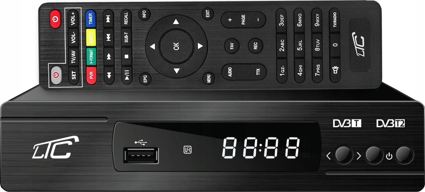 LTC DVB-T2 HD Receiver für terrestrisches Fernsehen, H.265 HEVC Decoder, Full HD 1080p, inkl. 2-in-1 lernfähiger Fernbedienung für TV-Steuerung, PVR Aufnahme, Timeshift, USB, HDMI, Scart, Schwarz