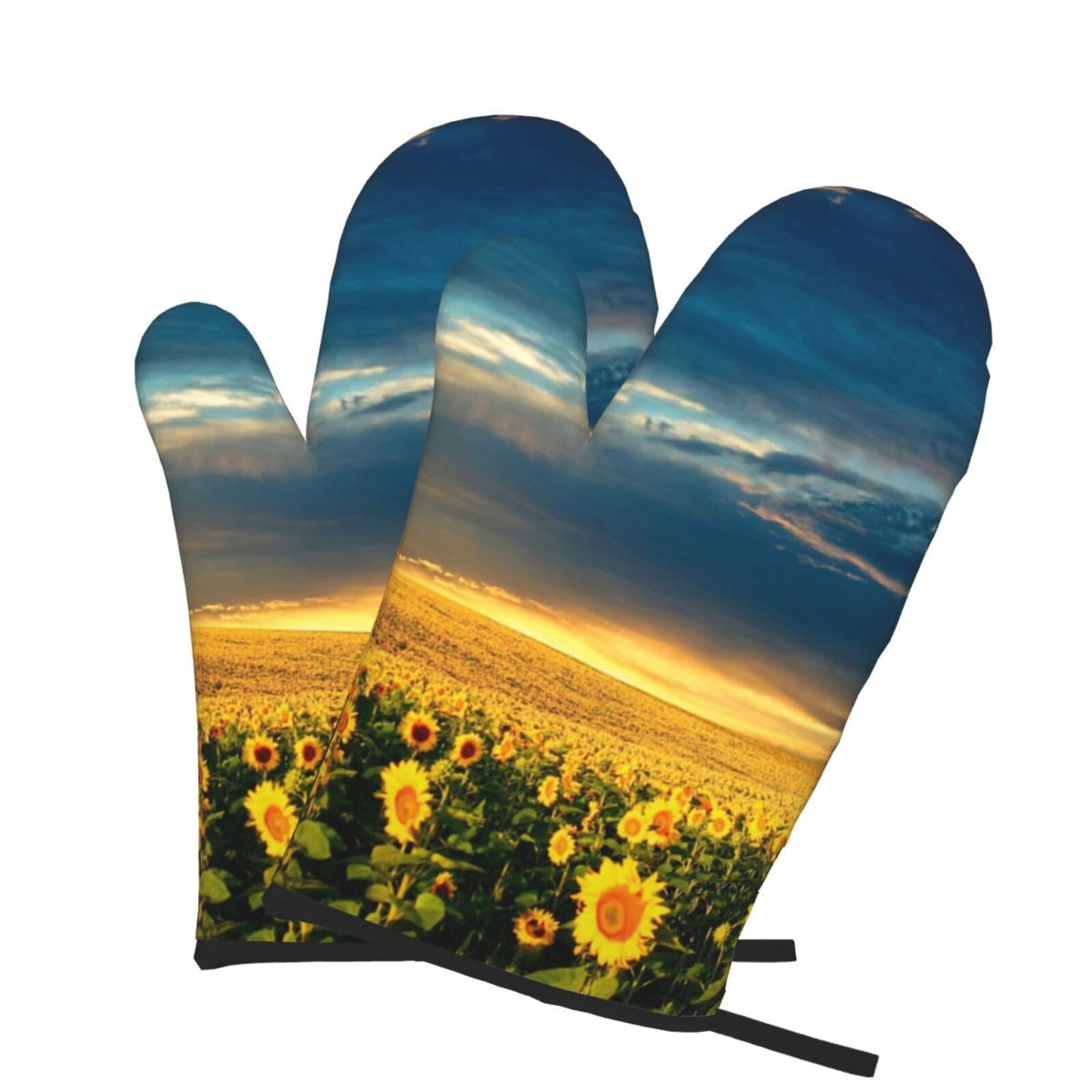 Oven Mitts Set of 2 Pcs, Sunflower Field Prints Heat Resistant Kitchen Gloves for Cooking Baking Grilling