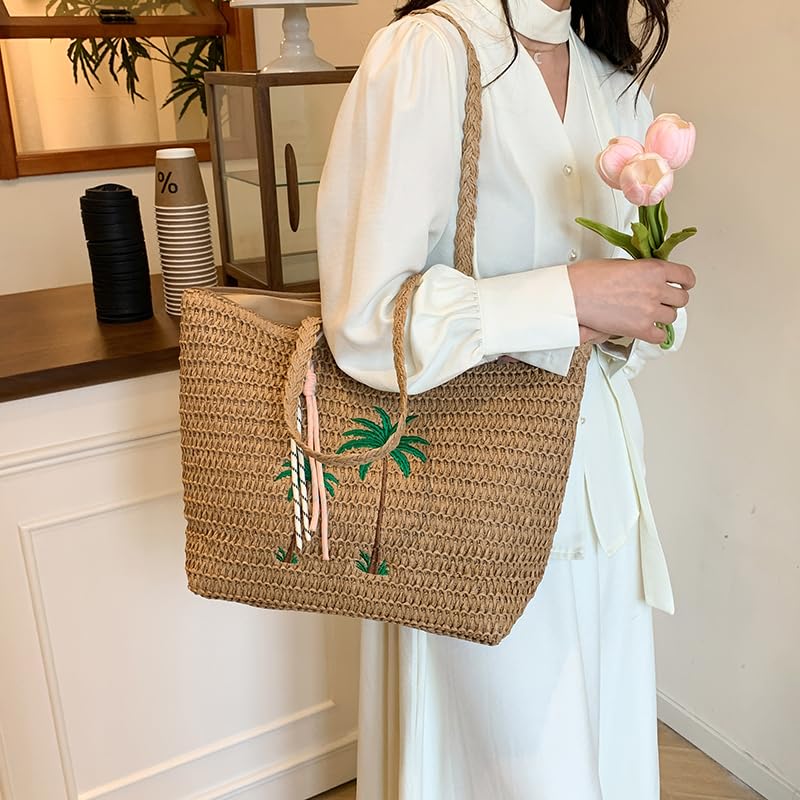 Women Seaside Straw Shoulder Bag Large Capacity Stylish Knitting Tote Bag Wear Resist Embroidery Pattern Handbag Shopping Wor4
