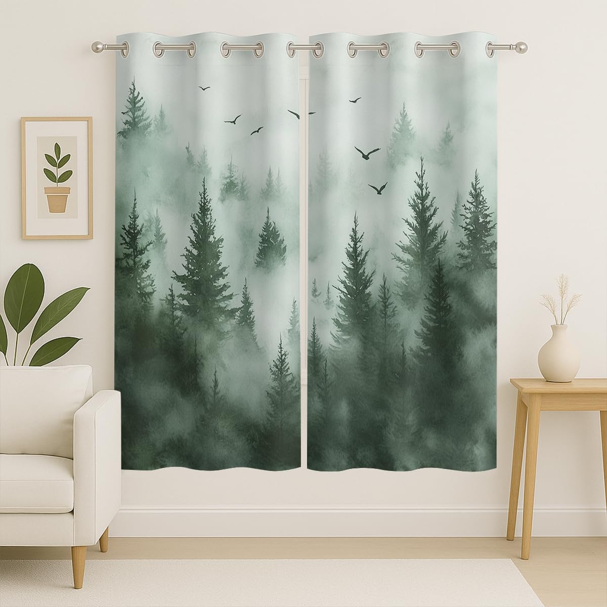 Foggy Forest Blackout Curtains for Girls Boys Kids Home Decor, Nature Rustic Misty Fog Woodland Grommet Thermal Insulated Drapes Darkening Window