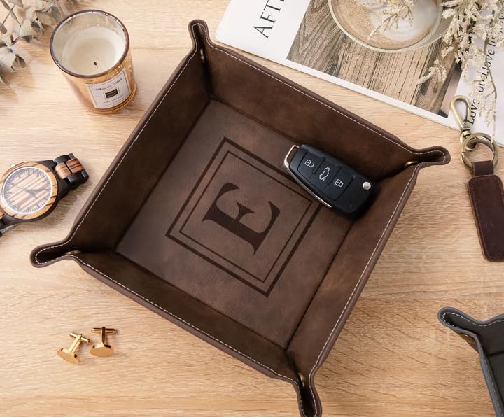 Personalized Handcrafted PU Leather Desk Tray, Customized Laser Logo Storager, Custom Catchall Leather Organizer, Unique Monogrammed Bedroom Decor, Tray Gifts for Dad, Father (7.9