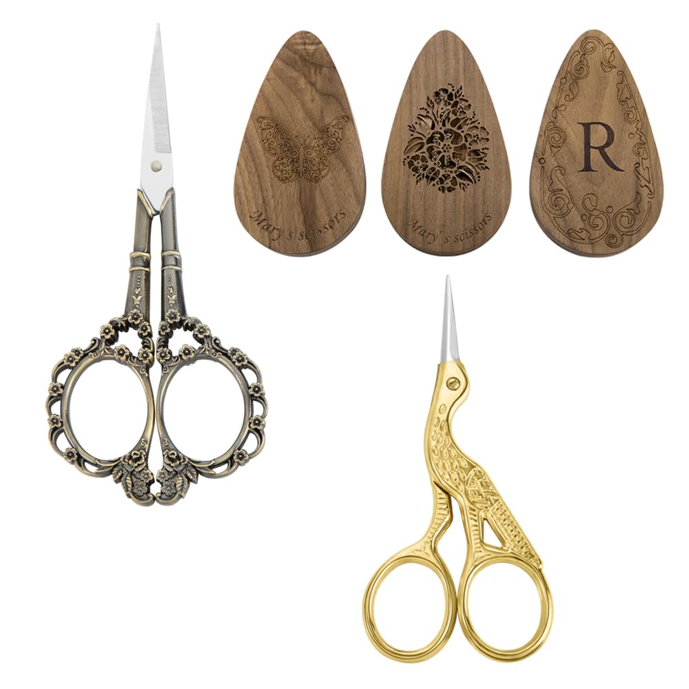 BYFDIY Vintage European Scissor With Customize Case Stainless Steel Personalized Engraved Name Scissor Wood Box for Cross Stitch Cutting Embroidery Sewing Handcraft Craft Art Work DIY Tool Needlework