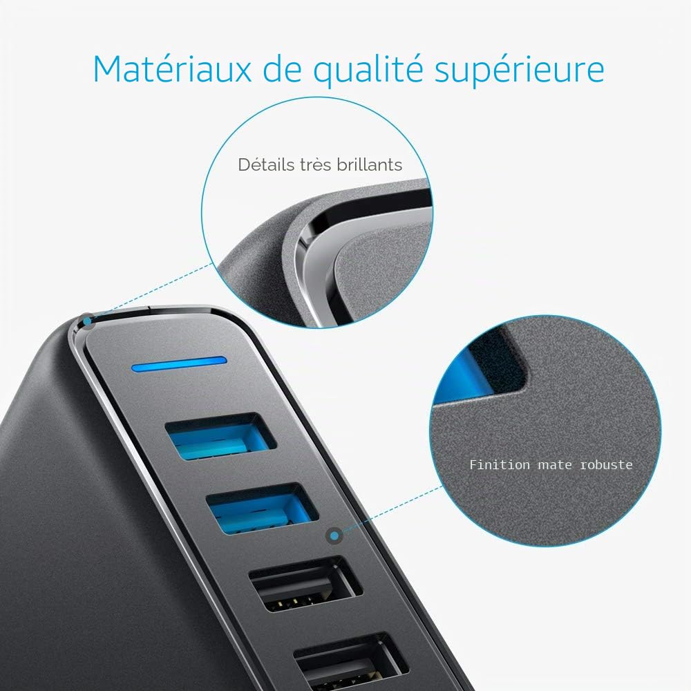 [Quick Charge 3.0] Anker PowerPort Speed 5 Chargeur Secteur 63W 5 Ports USB - Chargeur mural avec 2 ports QC 3.0 (compatibles QC 2.0) pour iPhone, Samsung, LG G5, Nexus 6, iPad et autres