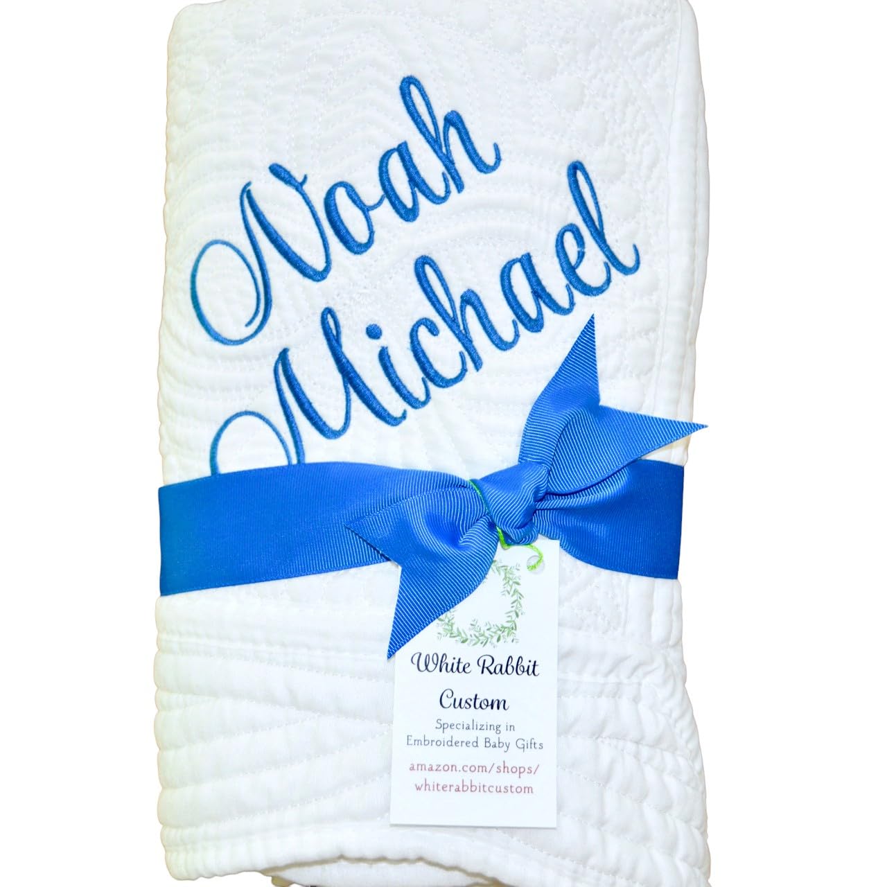 Personalized Baby Blanket Quilt with Name Date Newborn Gift Girl Boy Crib Size White Cotton Custom Pink Blue White Embroidered Nursery