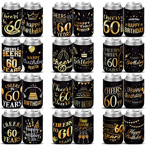 Umigy 24 Pcs 60th Birthday Party Favors Cheers and Beers to 60 Years Can Sleeves Vintage 60th Birthday Decoration Black and Gold Beverage Can Cooler Supplies for Men Women Guests Gifts