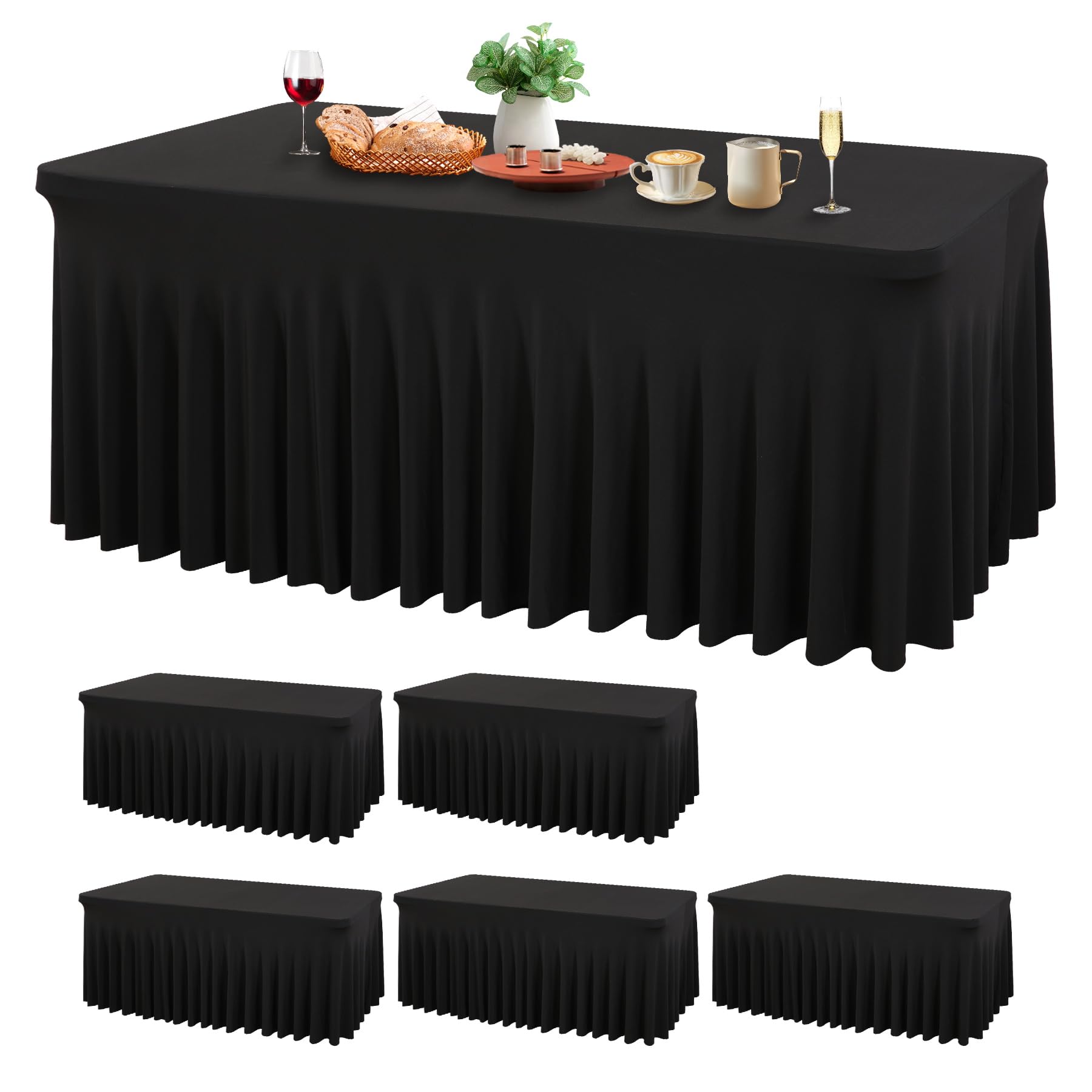 Wish Care 6 Pack Black Spandex Table Cloths for Rectangle Tables 8ft - One-Piece Wrinkle Free Fitted Table Cover 8 Foot Table Stretch Tablecloths for