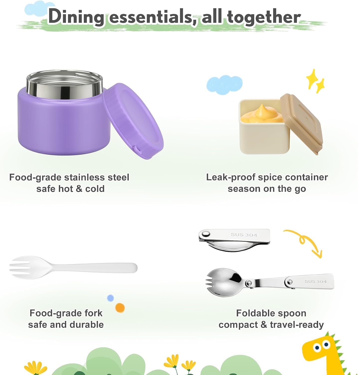 Lunch Box Kids with 5 Compartments, Insulated Food Jar & Utensils, Leak Proof Bento Box with Sauce Container, BPA-Free & Dishwasher Safe, Dinosaur Design(Purple)