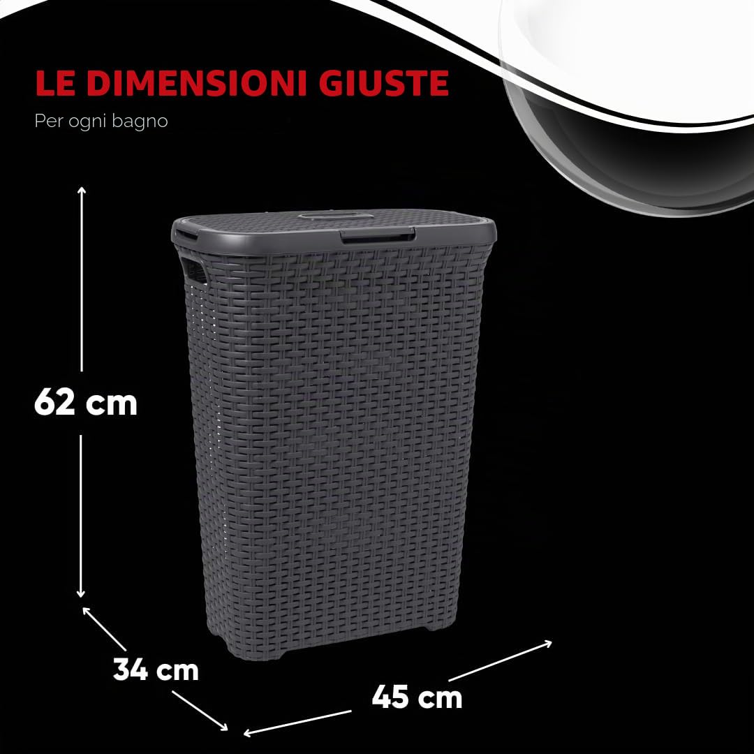 Curver 189211 - Cesto per biancheria in polipropilene aspetto vimini, 60 L, Nero