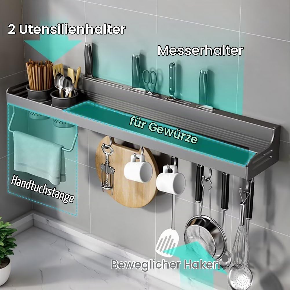 Gewürzregal Wand, Gewürz Organizer Ohne Bohren, Gewürzregale Hängend, Gewürzhalter Kleben, Küchenregal Wand Metall für Schranktür,Küche, Spice Rack, 60cm, Schwarz