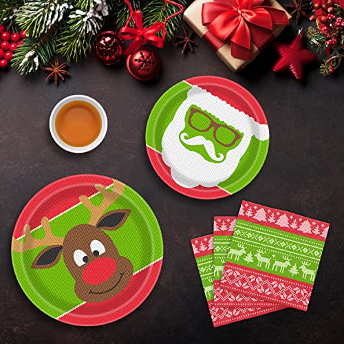Ugly Christmas Sweater Party Supplies Set Serves 16 Guests - Disposable Dinner Plates, Dessert Plates, Napkins & Cups - Holiday Dinnerware Set With A Funny Theme Featuring Santa Claus, A Reindeer #TOP6