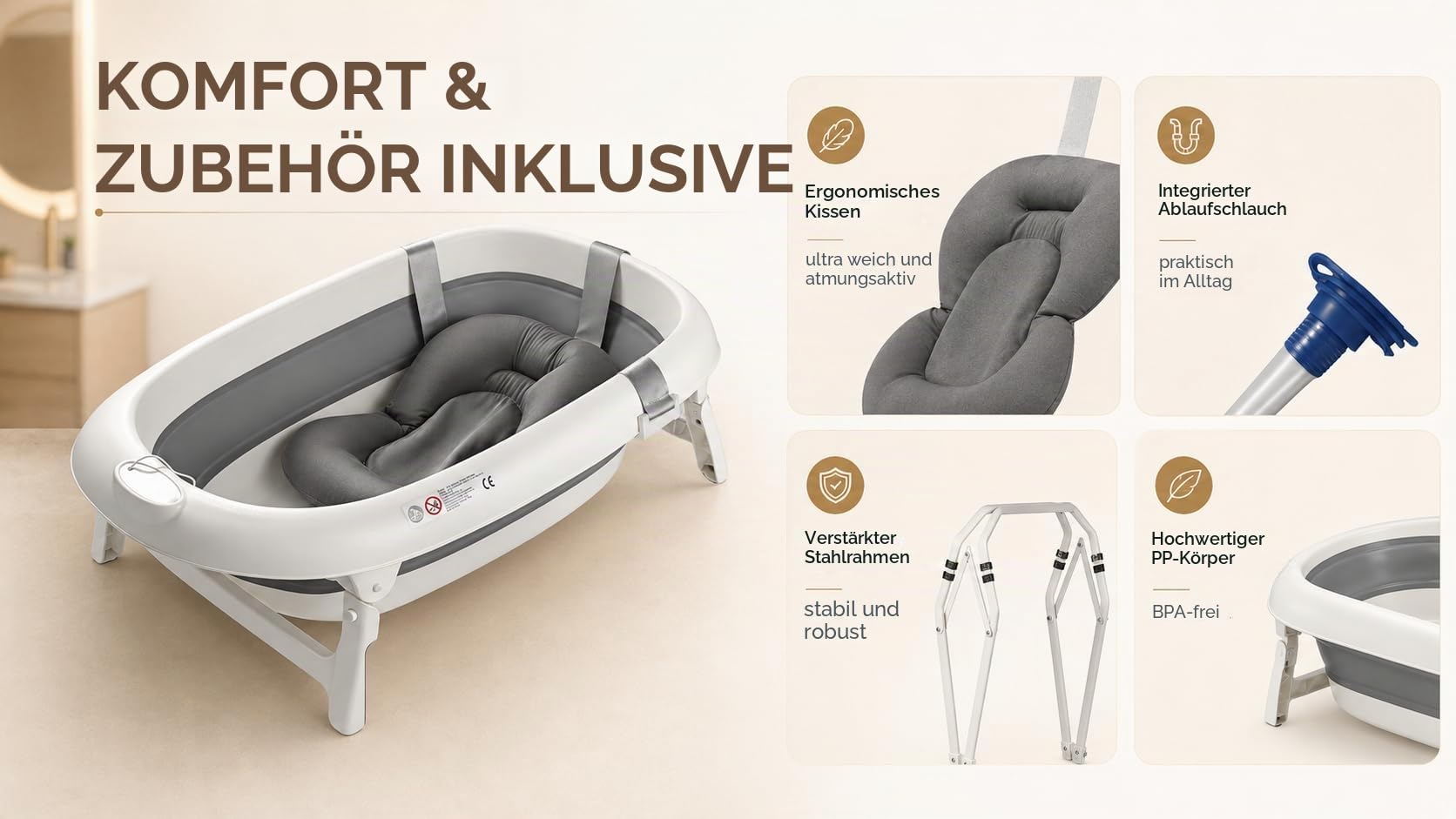 Faltbare Babybadewanne mit Ständer aus Stahl, integriertes Thermometer, ergonomisches Kissen und Ablaufschlauch – Baby Delfin – kompakt und tragbar, 0 – 3 Jahre, Grau