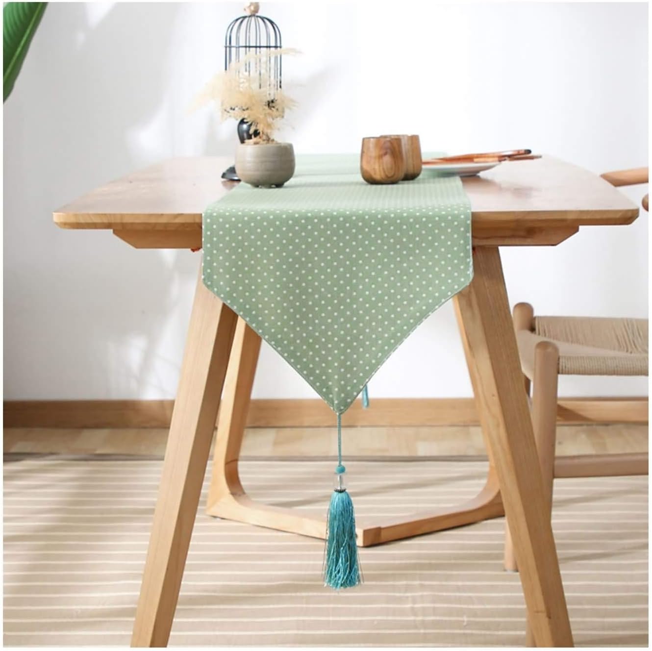 Wedding Table Runners,33x200CM,Dot Pattern with Tassel Small Table Runner Rectangle Cotton,Decorative Table Runner Green