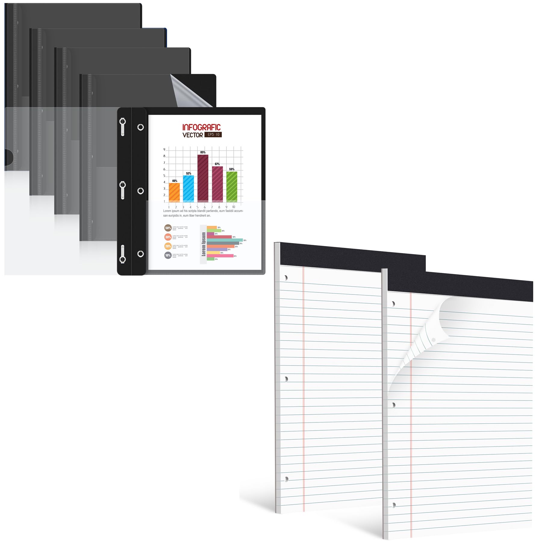 HAUTOCO 2 Pack 8.5 x 11 Legal Pads White Wide Ruled Notepads and 5 Pack Black Plastic Report Covers with 3 Prongs Fasteners