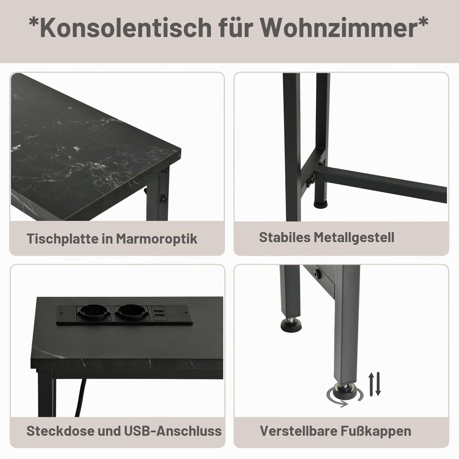 Konsolentisch mit 180 cm, 2 Steckdosen und 2 USB-Anschlüssen, Schmaler Eingangstisch im industriellen Stil, Hinter-dem-Sofa-Möbel für Wohnzimmer, Eingang, Flur, Halle, Faux-Marmor-Optik