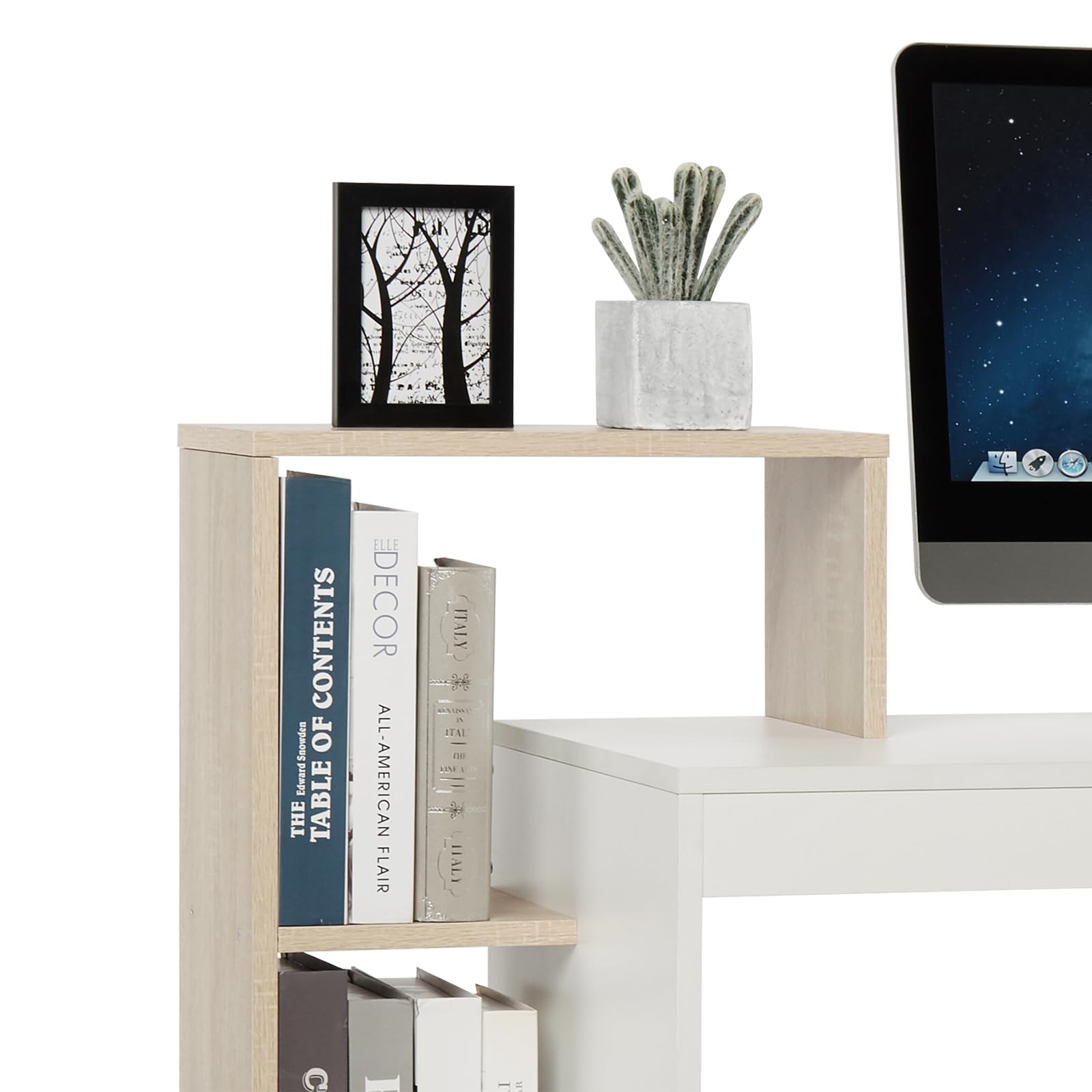 Mondeer Scrivani, Scrivania per Computer con Ripiani a 3 Livelli, Salvaspazio, per Ufficio Domestici Postazioni di Lavoro Camera da Letto Studio, 110 x 40 x 92 cm, Bianco e Legno