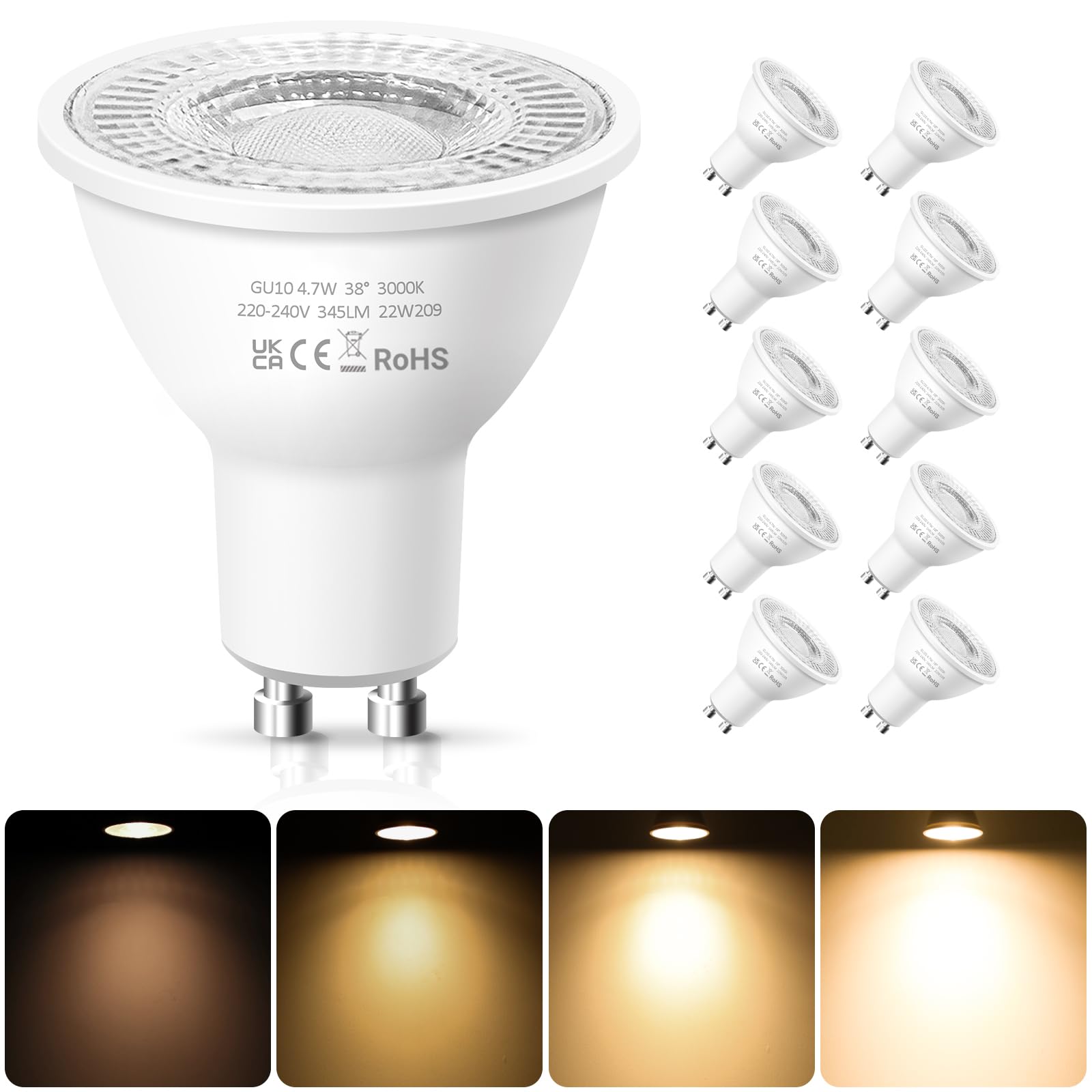 GU10 LED Bulbs Dimmable, Warm White 3000K, 50W Halogen Spotlight Replacement, 4.7W Dimmable GU10 LED Bulbs, 220-240V 345LM 38° Narrow Beam Angle - Pack of 10