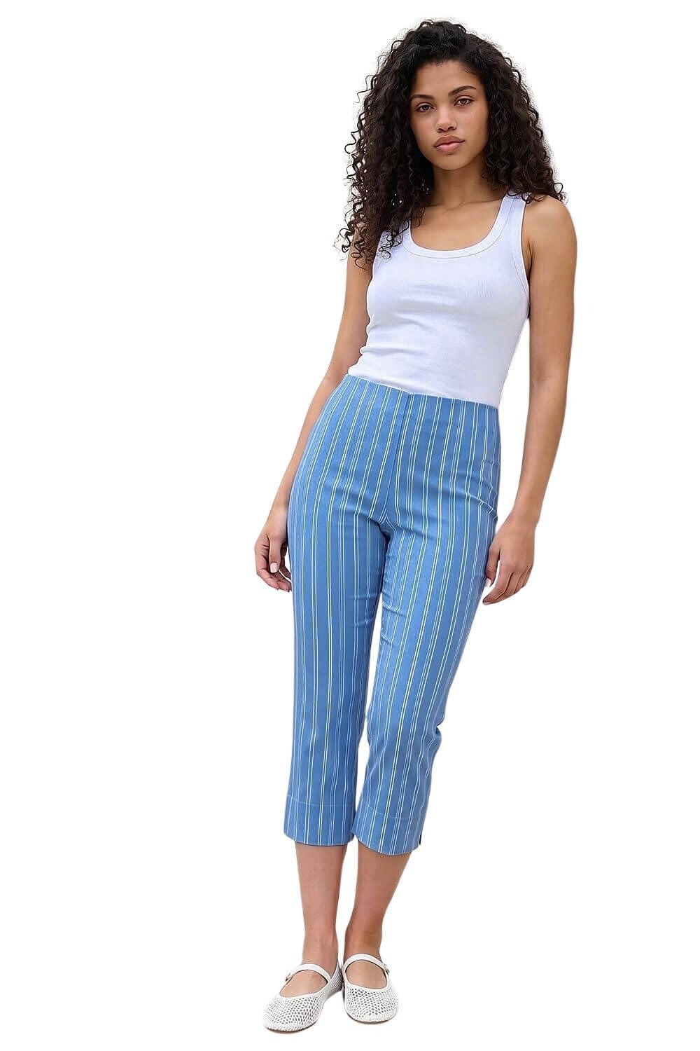 Roman Cropped Trousers for Women UK Ladies Capri Leggings Summer Pants Short Crop Stretch 3/4 Length Three Quarter Pedal Pusher Clothes Elasticated Bengaline Cut Off - Petite Blue Stripe - Size 10