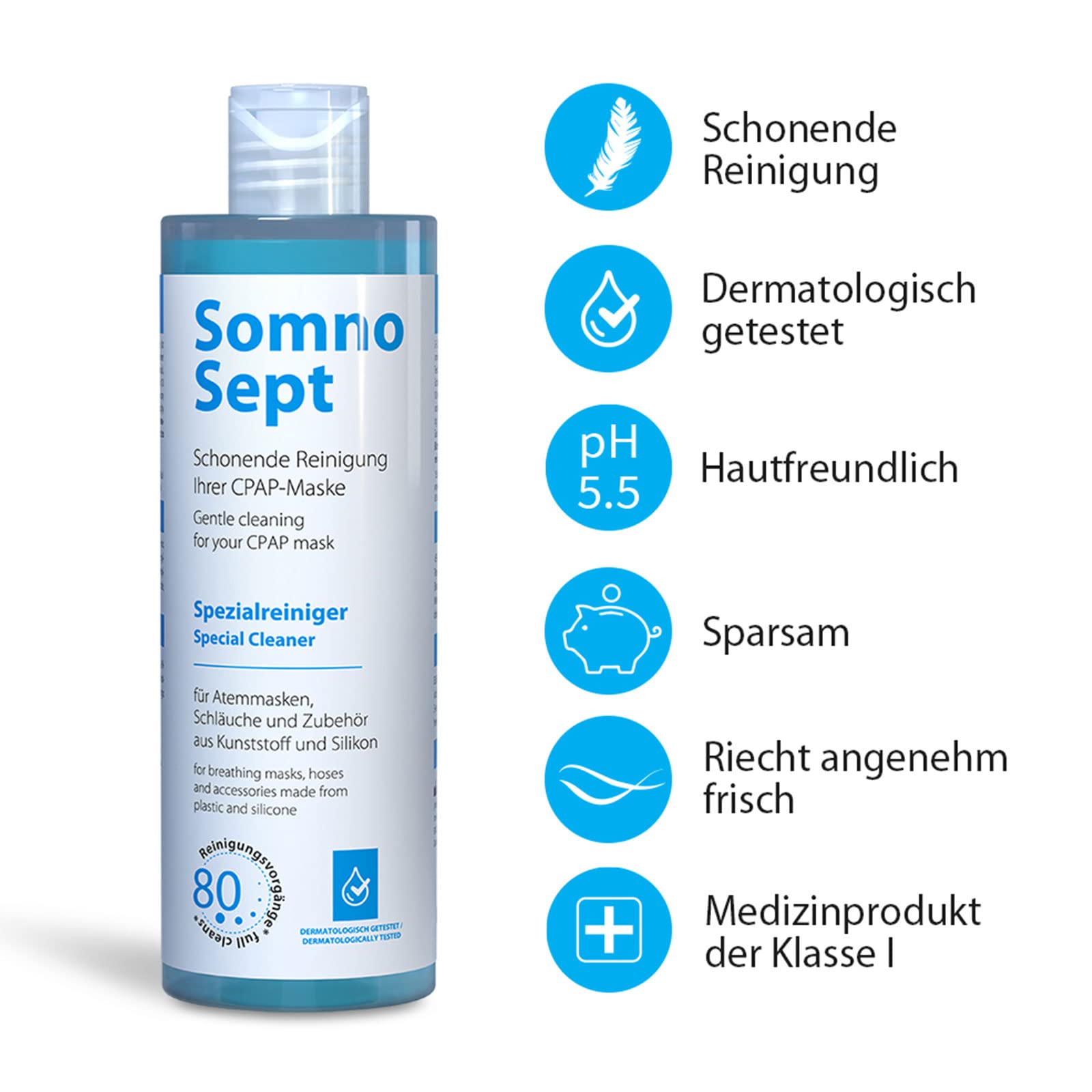 CPAP-Reinigungsset (SomnoSept 400ml, SomnoSept Reinigungstücher 72 Stück, oxyhero brush 15 mm) – Hochwertiges Rundum-sorglos-Reinigungspaket