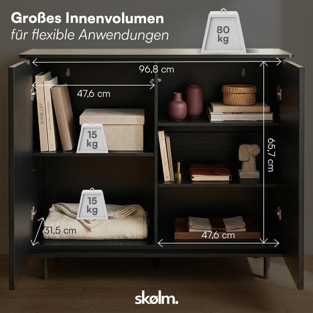 skølm Grani Kommode Schwarz, 5 Fächer, Push-to-Open, höhenverstellbare Füße