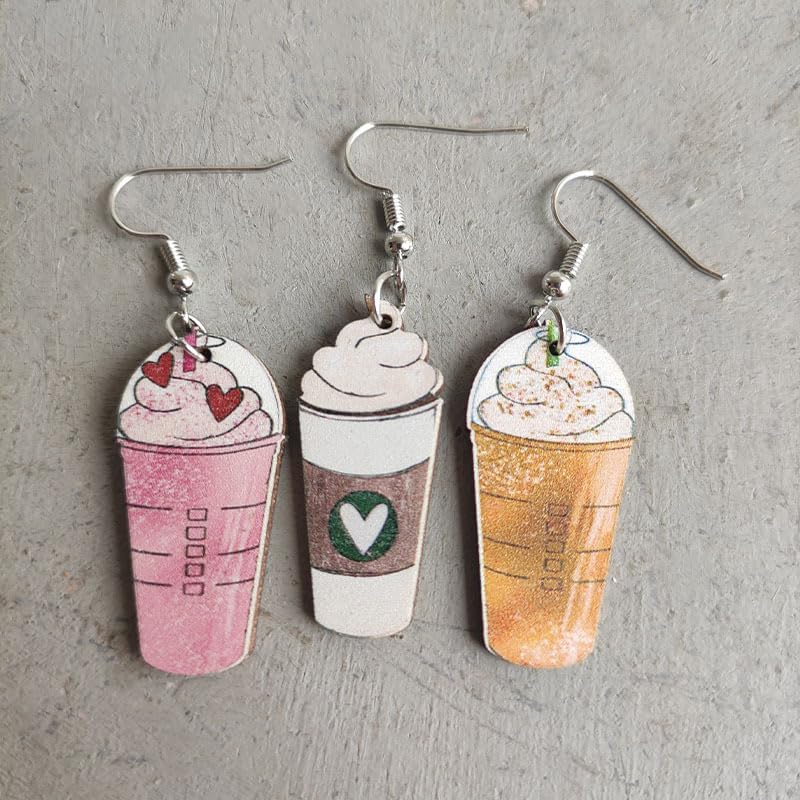 Lovely Drinks Ice Cream Dangle Earrings Milk Tea Coffee Wood Print Earrings Funny Date Play Earrings3