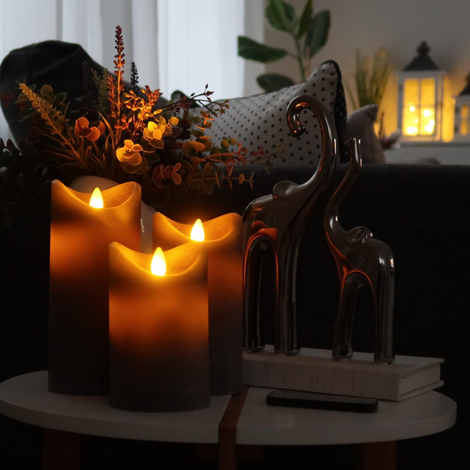 Tronje 3er Set LED Kerze mit Timer u. Fernbedienung - 13/15/18cm Echtwachskerze Grau Rustik mit beweglicher Flamme