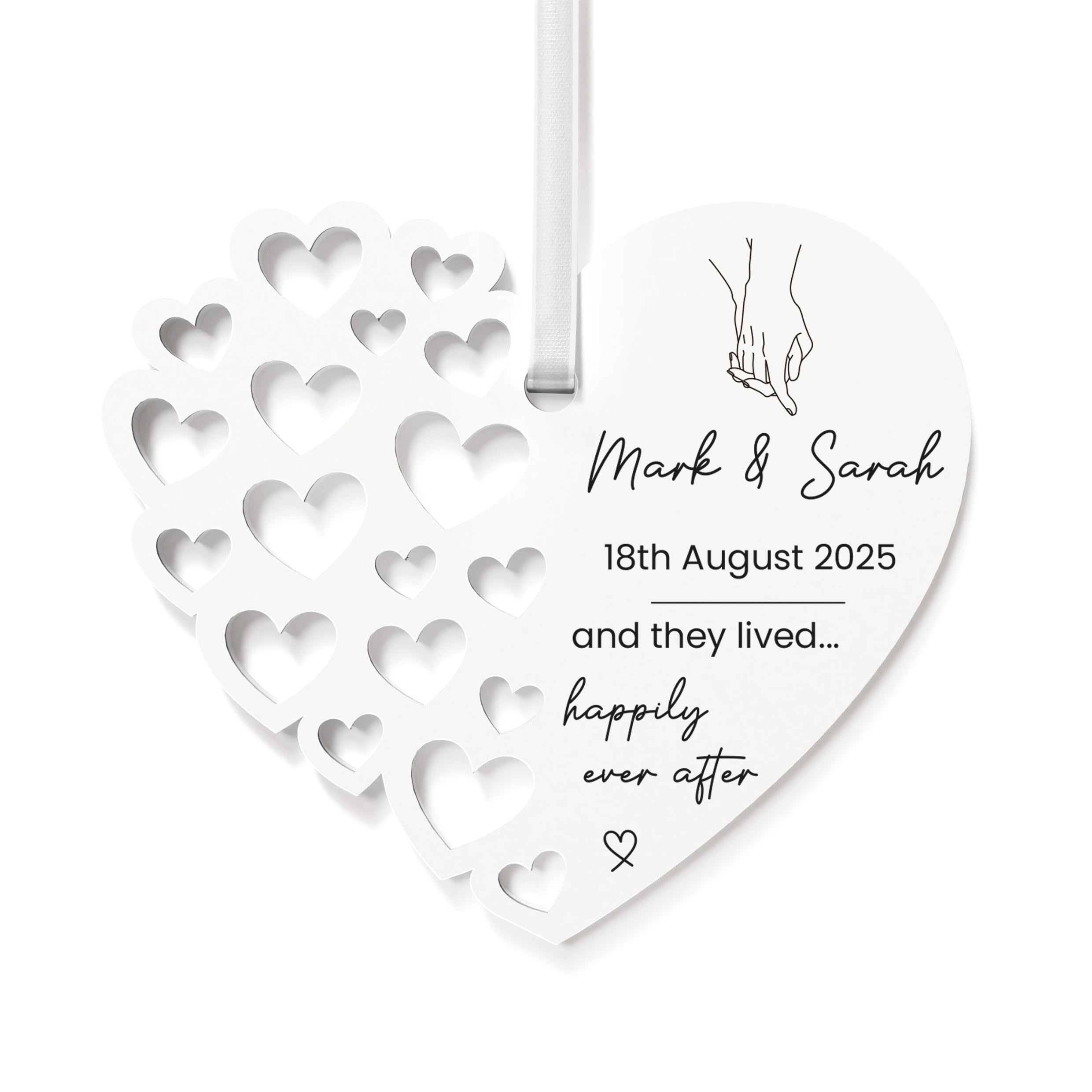 Beecreative Personalised Wedding Gifts For Bride and Groom - Acrylic White Heart Ornament - Custom Happily Ever After Wedding Gift Ideas - With Grey Bag