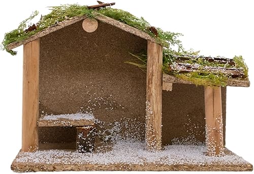 VILLAGE GIFT IMPORTERS Natividad nevada estable para decoración de mesa Detalles de pino, madera y nieve Decoración cristiana del hogar Establo