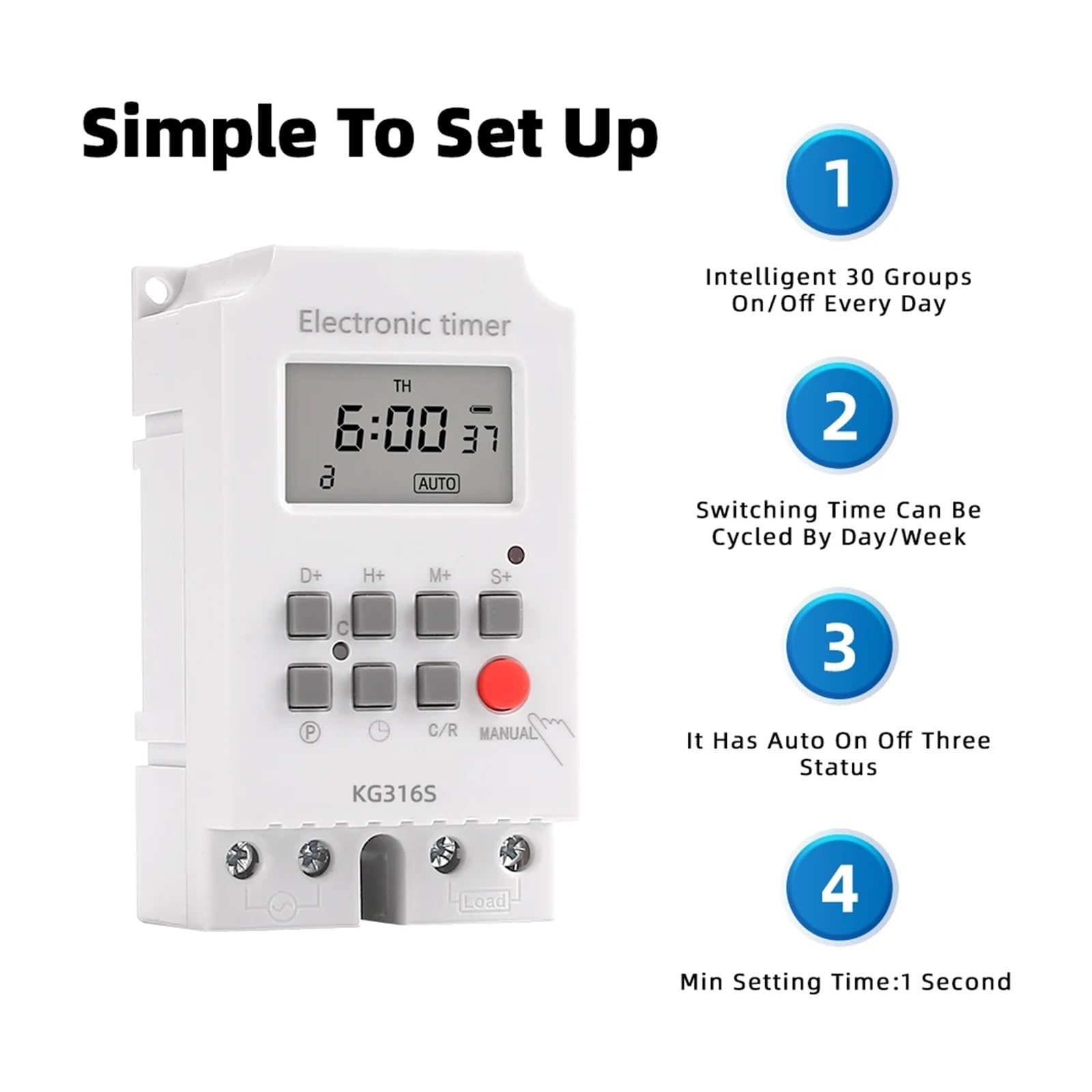 Timer elettronico Digitale settimanale for Illuminazione 25A AC 220V, 7 Giorni programmabile Interruttore TEMPORIZZATO Intervallo relè 1 Secondo Carico Elevato